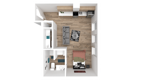 a 3d floor plan of a house with a bedroom and a living room